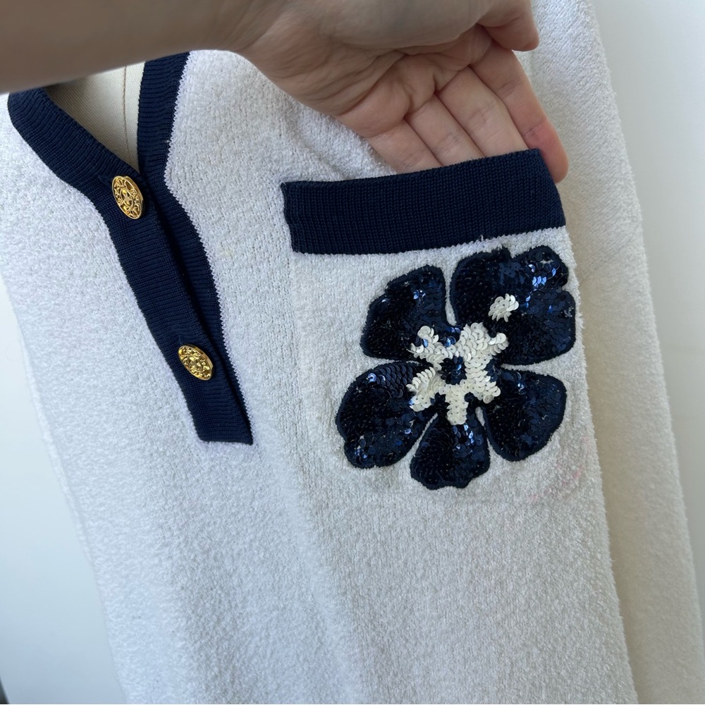 Vintage Escada White & Navy Terry Sequin Collar Button Up Long Sleeve Polo - Picture 8 of 16